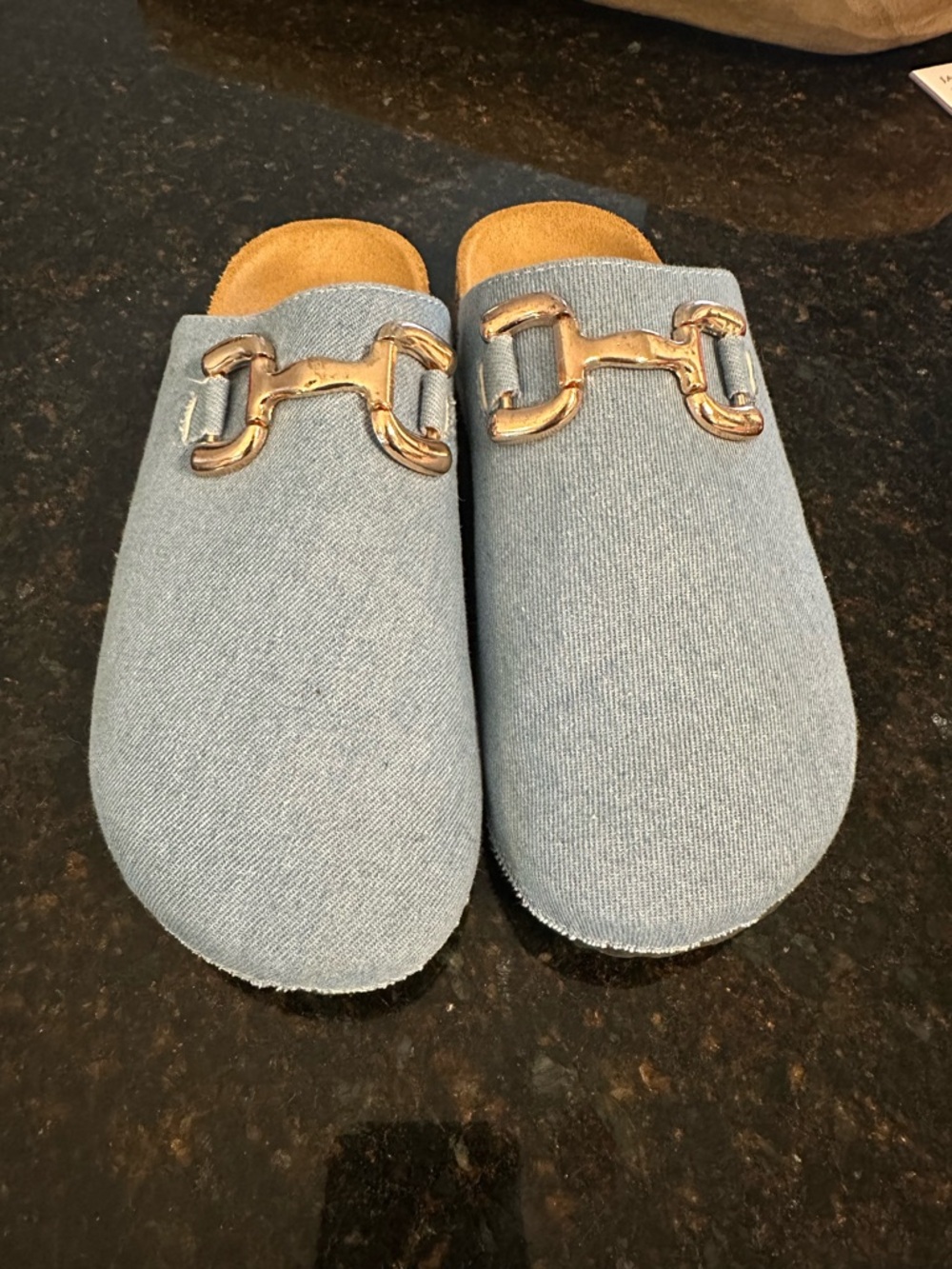 Denim Blue Slip-On Mule with Gold Horsebit Accent